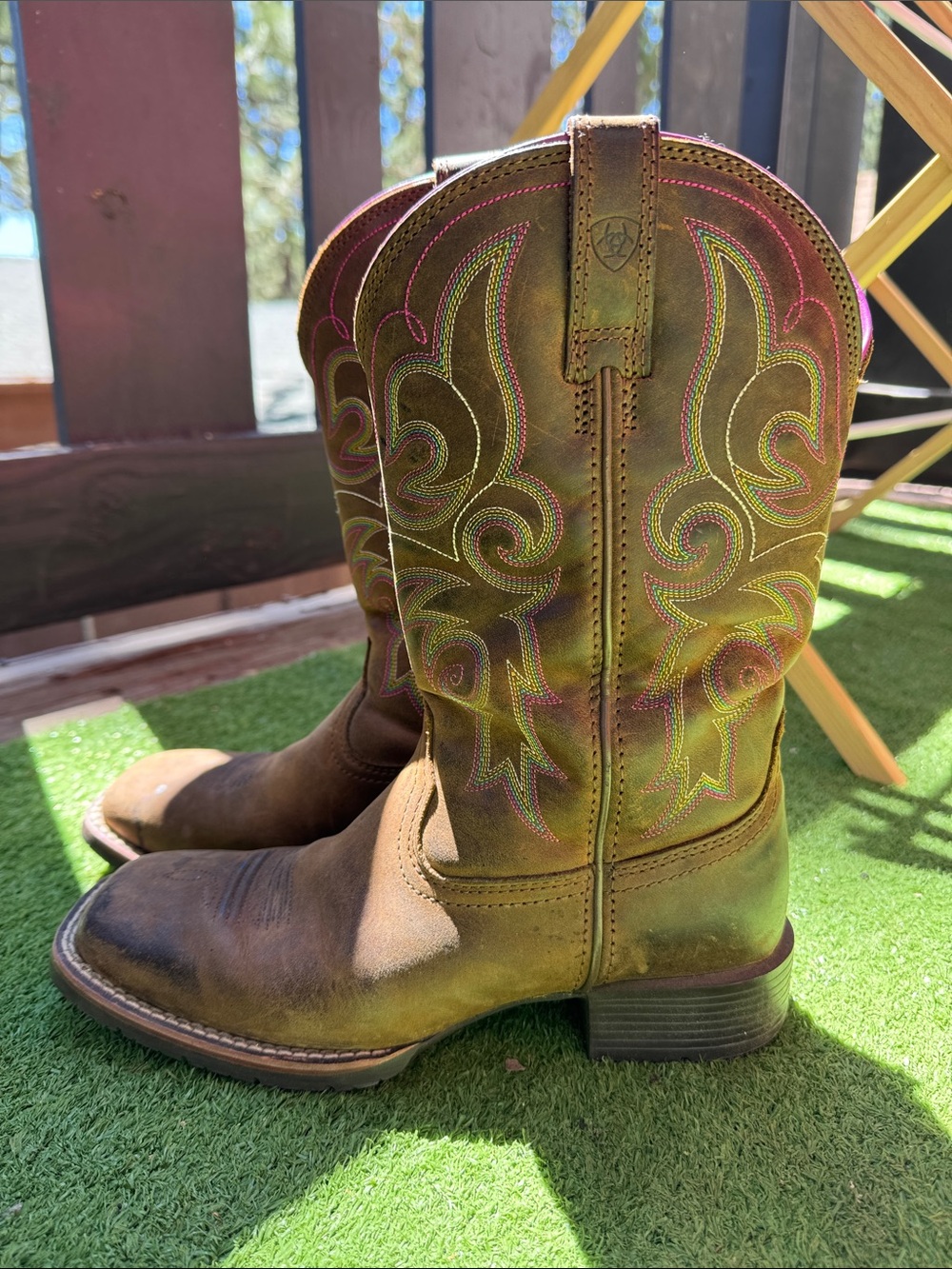 Ariat Brown Leather Cowboy Boots with Pink & Teal Stitching